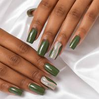 Faux ongles à presser vert sauge, longs, carrés, motif tourbillon, avec lignes argentées scintillantes, logo personnalisé, réutilisables, vente en gros
