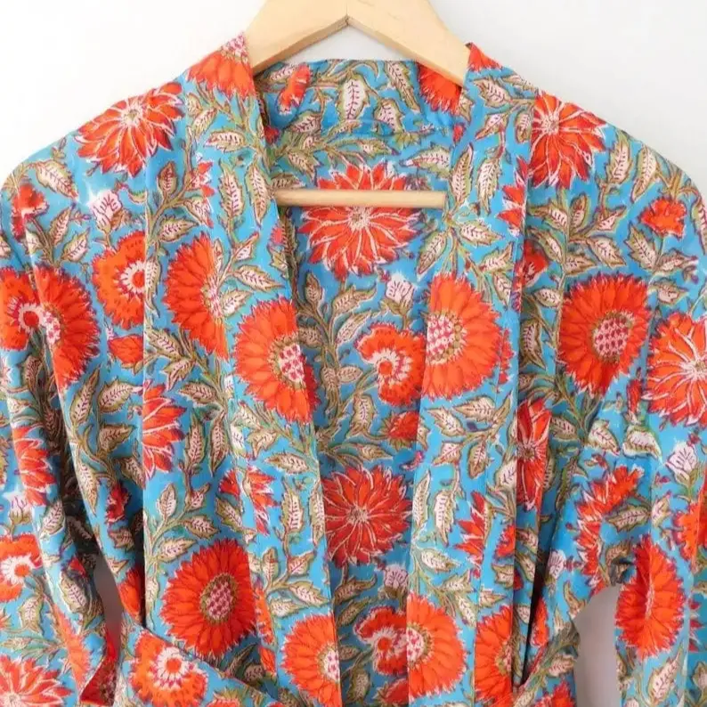 Último diseño indio verano hecho a mano largo impreso Floral Boho señoras Kimono bata Casual tamaño libre batas de baño a precio por mayor