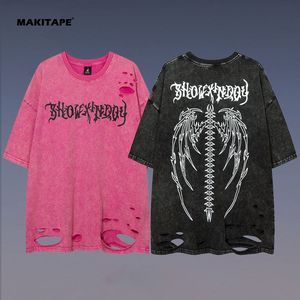 Camiseta TK3320 de estilo urbano, corte y confección, 100% algodón, gráfico vintage, transpirable, de secado rápido, lavado ácido, efecto grafiti y roturas, para hombre. - Product Image 1