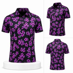 Camisa con cuello floral llamativa para hombre con logotipo de diseñador personalizado, estampado de flores moradas, top negro de verano - Product Image 3