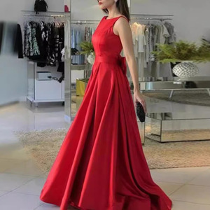 Claret Wedding Dress O-Neck Natural Waistline Polyester Simple Style For Performance Wear - Product Image 3