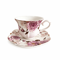 Ensemble tasse et soucoupe à café en céramique rose vintage européen, bordure dorée, bord festonné, tasse à thé de l'après-midi, vaisselle de table, cadeau
