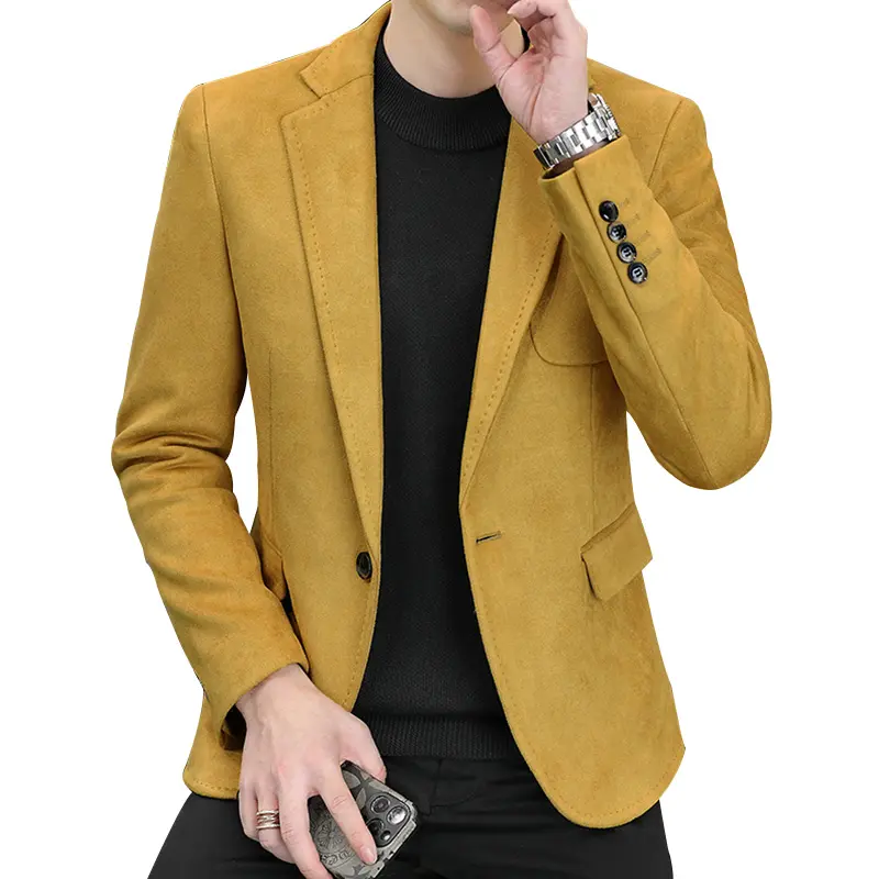 Men Yellow Vintage Suit Blazer Oversize Suede Fabric Blazers Plus Size 4XL 3XL Men Casual Button Up Suit Coat Male Suit Jacket