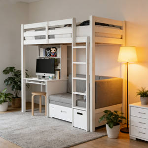 Lit mezzanine gris contemporain avec futon en bois pour chambre, salon et salle de bain - Product Image 2