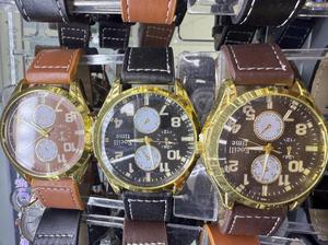 Men's <b>Watch</b> Analog Quartz Chronograph Leather Strap 42mm Round <b>Case</b> Yellow Gold Dial Mineral Glass Buckle Closure - Product Image 3