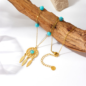 Dreamcatcher Pendant Necklace Turquoise Beaded Gold Chain Feather Charm Boho Style Gift Jewelry - Product Image 3