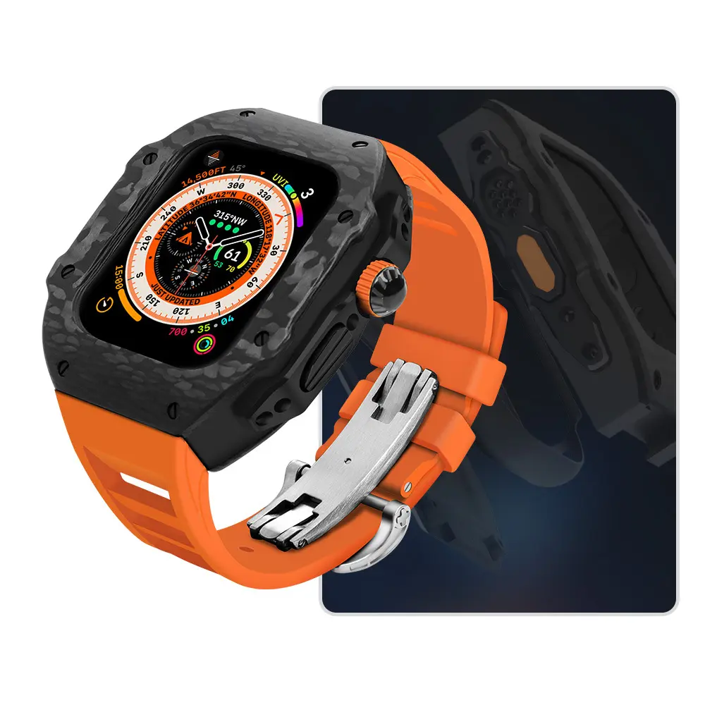 Luxury FKM Rubber Watch Band Smart Watch Metal Carbon Fiber Case For New Apple Watch Ultra 45mm 49mm Series 8 7