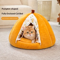 Lit pour chat semi-fermé en forme de citrouille, chaud, en peluche épaisse, amovible et lavable, pour chats et petits chiens, toutes saisons