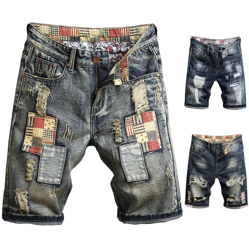 Factory Wholesale High Quality Pocket Denim Shorts Male Jeans Fashion Printed Men Short Pants Young Hole Jeans Skinny Men