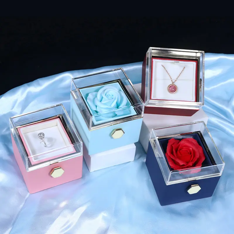 Valentinstag Geschenk Acryl drehbare konservierte Rosen Ring boxen Schmuck verpackung Halskette Ring Box Ewige Rosen Box