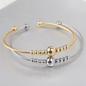 NUORO Hot Sale Stainless Steel Cable Wire 3MM Round Beads Symmetrical Adjustable Bracelet Elastic Openable Bangle&Bracelet