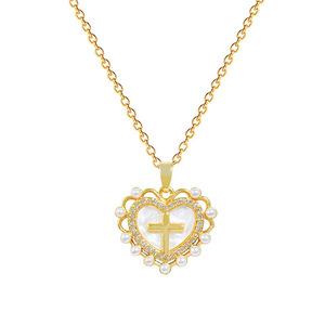 Collier unisexe en acier inoxydable plaqué or 18 carats avec pendentif cœur, perle ondulée et croix, bijoux bouddhistes tendance pour hommes et femmes - Product Image 4