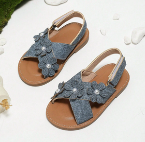 Sandales pour filles, mode, fleurs, princesse, boucle arrière, bande magique, sandales plates en denim pour filles - Product Image 2