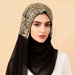 Conjunto de pañuelo para la cabeza étnico de gasa con cuentas, pañuelo largo de alta gama, a la moda y popular, para hijab - Product Image 5