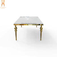Table de banquet en acier inoxydable avec plateau en verre doré, événements de mariage, hôtel, ensemble de salle à manger pour fêtes, comprend des chaises en métal