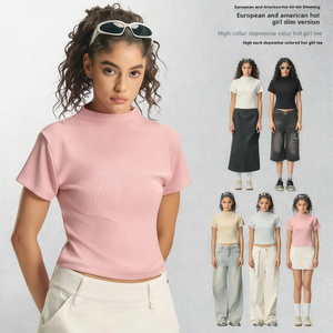 <span class=keywords><strong>T</strong></span>-<span class=keywords><strong>shirt</strong></span> court à col montant en coton respirant pour femme, 260G, style Spicy Girl, manches courtes, couleur unie, idéal pour l'é<span class=keywords><strong>t</strong></span>é - Product Image 2