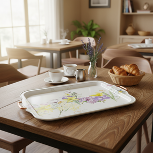 Grand plateau rectangulaire 215x316mm en métal gris fleuri avec poignée décorative en acier inoxydable et cuivre pour service alimentaire - Product Image 3