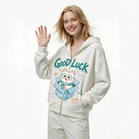 Sweat-shirt à capuche zippé pour femme, style européen et américain, collection automne 2026, coupe ample, manches longues, imprimé chat de dessin animé, veste décontractée POD