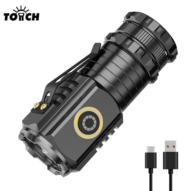 Pocket Size Mini LED Flashlight Magnetic Tail Cap Type C Rechargeable Waterproof Aluminum Outdoor Camping EDC Emergency Torch