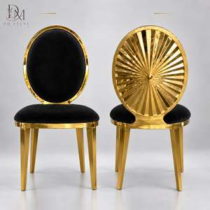 Silla de Acero Inoxidable con Respaldo Ovalado Tapizado en Dorado y Cojín Negro para Alquiler en Bodas, Hoteles, Banquetes y Eventos, y Suministro al por Mayor - Product Image 1