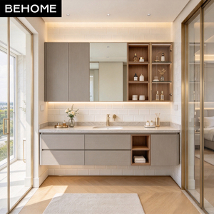Conjunto de Mueble de Baño de Lujo con Tocador y Armario Alto, Tocador Flotante con Encimera de Mármol y Nicho Abierto con Tira de LED para Baño Familiar - Product Image 1