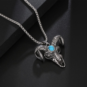 <b>Titanium</b> Steel Bull Head Pendant With Turquoise Inlay Retro Men's Necklace SP939 - Product Image 1