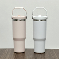 Gourde isotherme en acier inoxydable 30 oz Rose Quartz avec poignée de transport facile, couvercle à visser et paille rabattable, anti-fuite