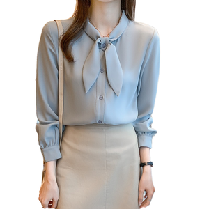 Blusa de Manga Larga para Mujer, Lisa, con Cuello de Lazo y Botones al Frente, Tejido de Tela, Estilo Casual para Oficina, Primavera, Verano, Otoño - Product Image 1