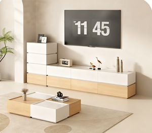 Meuble TV moderne minimaliste en bois blanc marron clair Meubles de salon <span class=keywords><strong>Tapis</strong></span> blanc Armoires de rangement en verre Utilisation dans le hall de bureau - Product Image 5