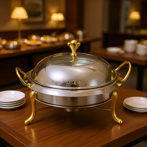 Db Stainless Steel Round Buffet <b>Chafing</b> Dish With Gold Accents Glass Lid Hotel Restaurant Supplies - Product Image 2