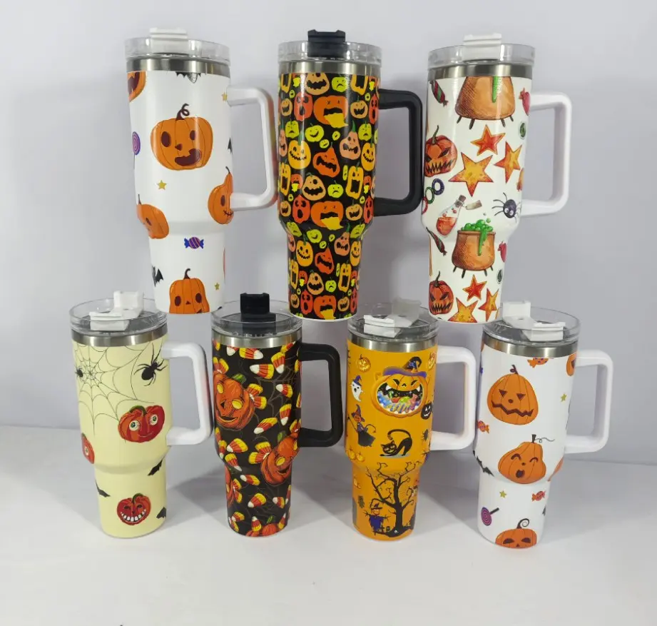 Tasses à citrouille d'Halloween 14 couleurs 40oz tasses de voyage isolées sous vide à double paroi tasses d'Halloween avec paille