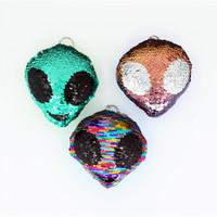Pendentif visage souriant poupée en peluche porte-clés à paillettes double face extraterrestre