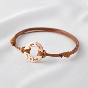 Wholesale Women <b>Men</b> Bracelet logo Name Engraved Custom Round Charm Stainless Steel Leather Braided Bracelet - Product Image 5