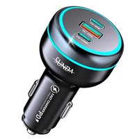 Cargador de Coche SUNDA con Anillo de Luz Azul, PD 3.0, Carga Rápida de 230W, 3 Puertos USB QC3.0, con Reloj Inteligente y Encendedor de Cigarrillos