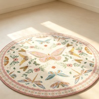 Round Polyester Printed Rug Vintage Butterfly Floral Thin Non Slip Circular Carpet Girls Bedroom Nursery Washable Floor Mat