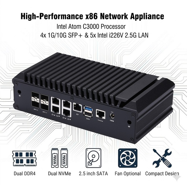Intel Atom C3000 10G SFP+ Network Appliance, 5x 2.5G I226-V Barebone Mini PC Firewall Router for PfSense OPNsense ESXi
