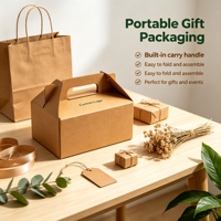 Individuelle Kraft-Geschenkbox mit Tragegriff, recycelbar, für tragbare Geschenkverpackungen, Musterbestellung möglich.