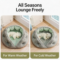 Nid semi-fermé pour chiens et chats, en peluche gaufrée respirante, avec tapis rafraîchissant en rotin tressé, coussin donut pour animaux de compagnie, rebord surélevé