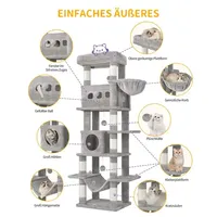 Arbre à chat multi-niveaux de 170 cm pour chats de grande taille (Maine Coon) avec tapis lavable, 2 condos, 8 poteaux à gratter et perchoir de repos