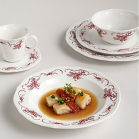 Service de table de luxe en grès, assiette creuse en céramique avec bordure dentelée, assiette à dîner en porcelaine avec décoration sous glaçure, idéal pour les banquets de mariage