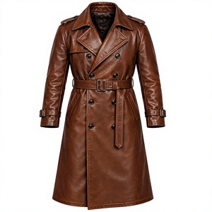 <b>Men</b> Genuine Leather <b>Long</b> Trench <b>Coat</b> Notched Lapel Single Breasted Overcoat With Pockets Regular Fit - Product Image 1