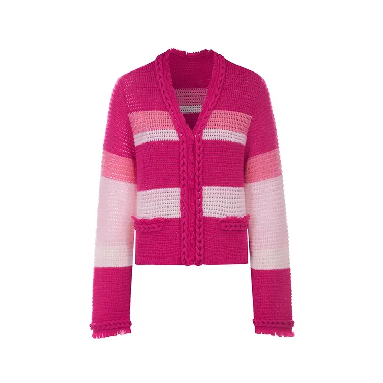 knitwear manufacturer custom spring autumn v neck long sleeve striped knit women wool cardigan sweater
