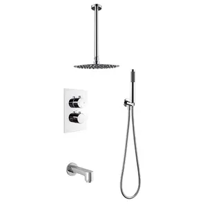 Lanerdi Faucet Manufacturer Chrome Ceiling Mount Thermostatic Shower System With Rainfall Showerhead And Hand Shower Body Jets