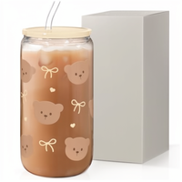 Gobelet esthétique en verre pour café glacé Bear Glass, sans BPA, avec couvercle, cadeau pour femmes et filles, 16 oz