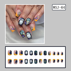 Halloween estilo lindo Prensa en <span class=keywords><strong>uñas</strong></span> postizas <span class=keywords><strong>amarillo</strong></span> francés fantasma calavera flor <span class=keywords><strong>diseño</strong></span> corto cuadrado <span class=keywords><strong>amarillo</strong></span> <span class=keywords><strong>uñas</strong></span> artificiales - Product Image 2