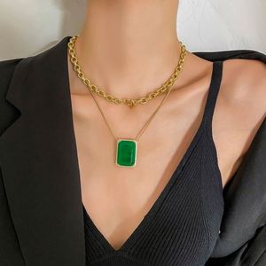 Fashion Eco-friendly Copper Layered Pendant Necklace <b>Set</b> Elegant Simple Big Square Green Zirconia Jewelry <b>Sets</b> for Refined - Product Image 4
