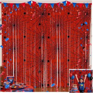 Cortina de Flecos de Papel Metálico Rojo con Estampado de Telaraña de Halloween, Cortina de Flecos de Papel Metálico para Fiestas, Decoración de Fondo para Casa Embrujada - Product Image 1