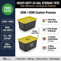 Bac de rangement en plastique robuste empilable résistant aux intempéries de 23 gallons, corps noir avec couvercle jaune pour le rangement dans les garages et entrepôts