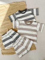 Ensemble T-shirt rayé à manches courtes en tissu peigné polyester/coton style militaire pour garçons et filles Ins