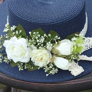 Thiết kế ban đầu cho Bên Bờ Biển Chống Nắng Raffia Chất liệu rơm thanh lịch phẳng hàng đầu mũ rơm mã hóa hoa ren đơn giản pháp - Product Image 4